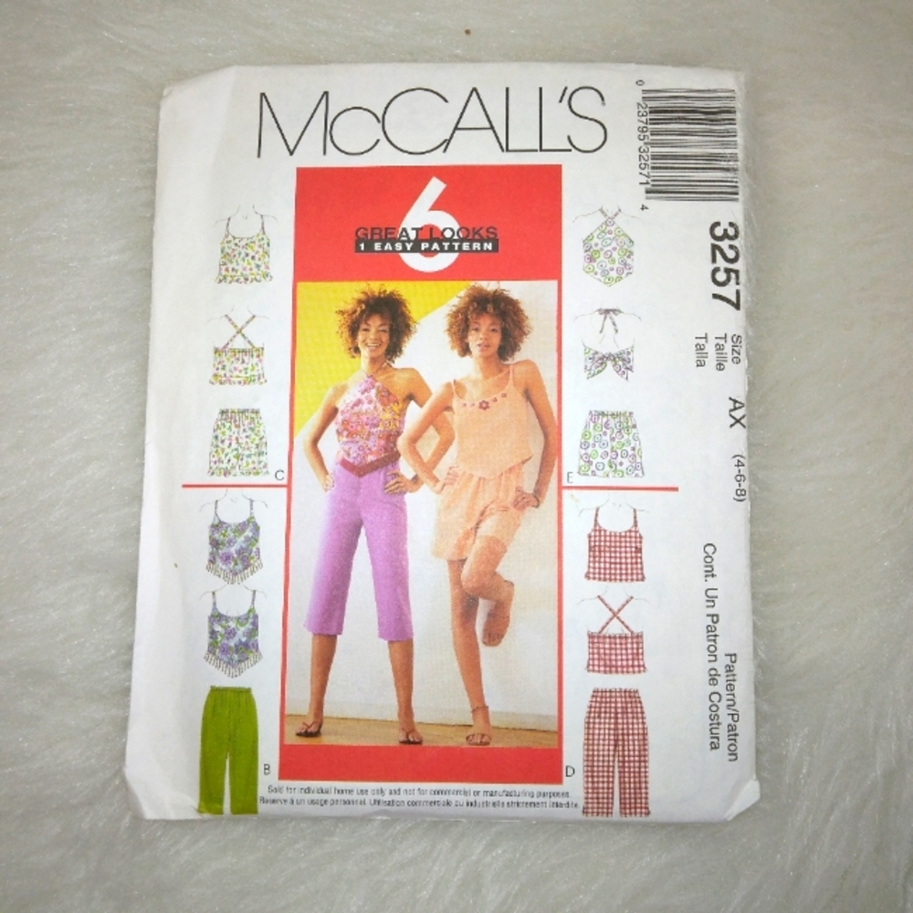 MCCALL'S 3257 Misses' tops pull-on Capri pants or shorts Size 4-6-8